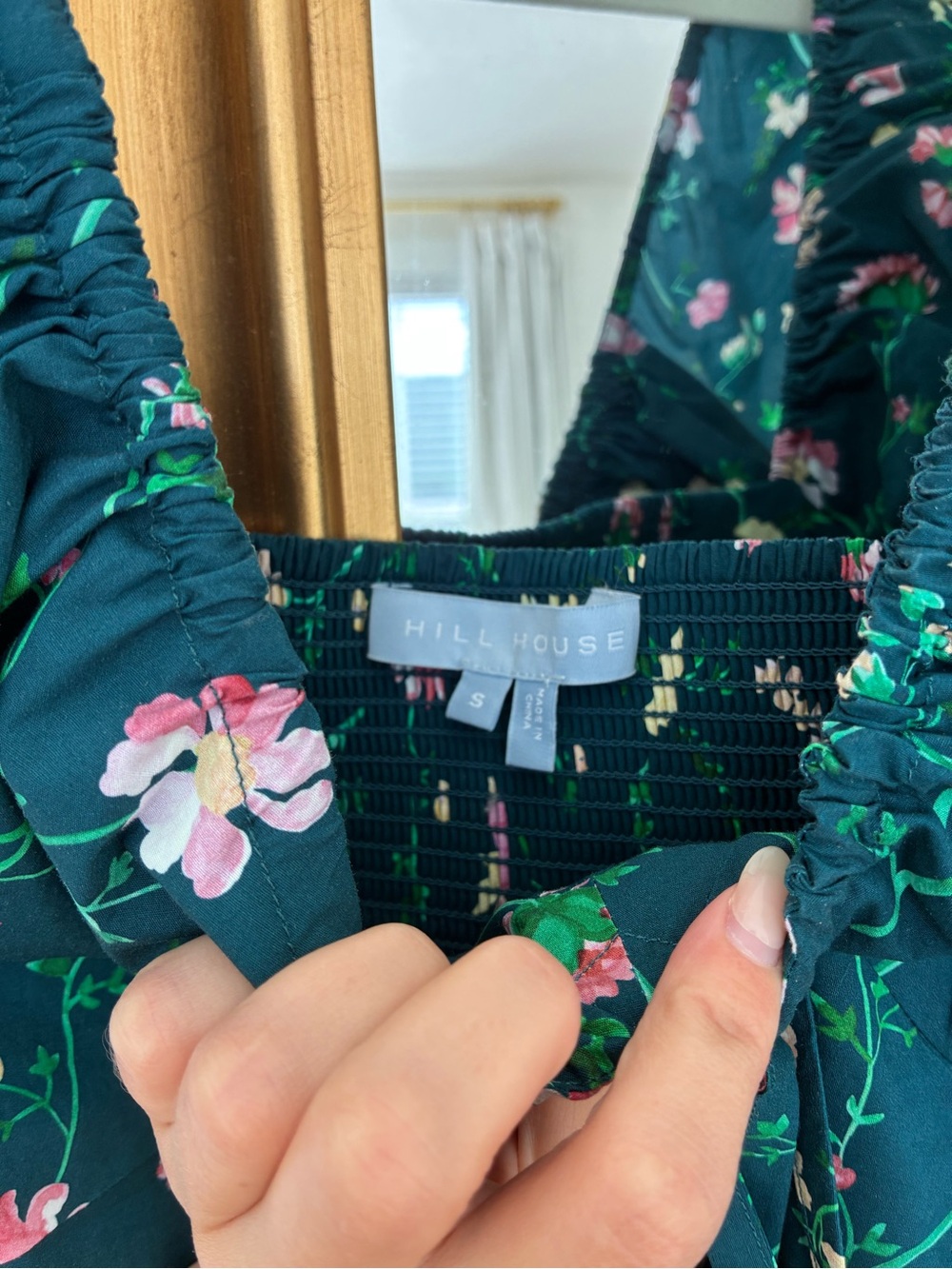 Hill House Floral Puff-Sleeve Maxi Dress in Forest Green with Pink Accents - Picture 7 of 7